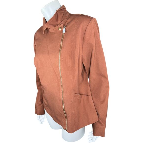 Isaac Mizrahi Live! 24/7 Stretch Zip Front Moto Jacket Cognac 10 NWOT - Picture 2 of 13
